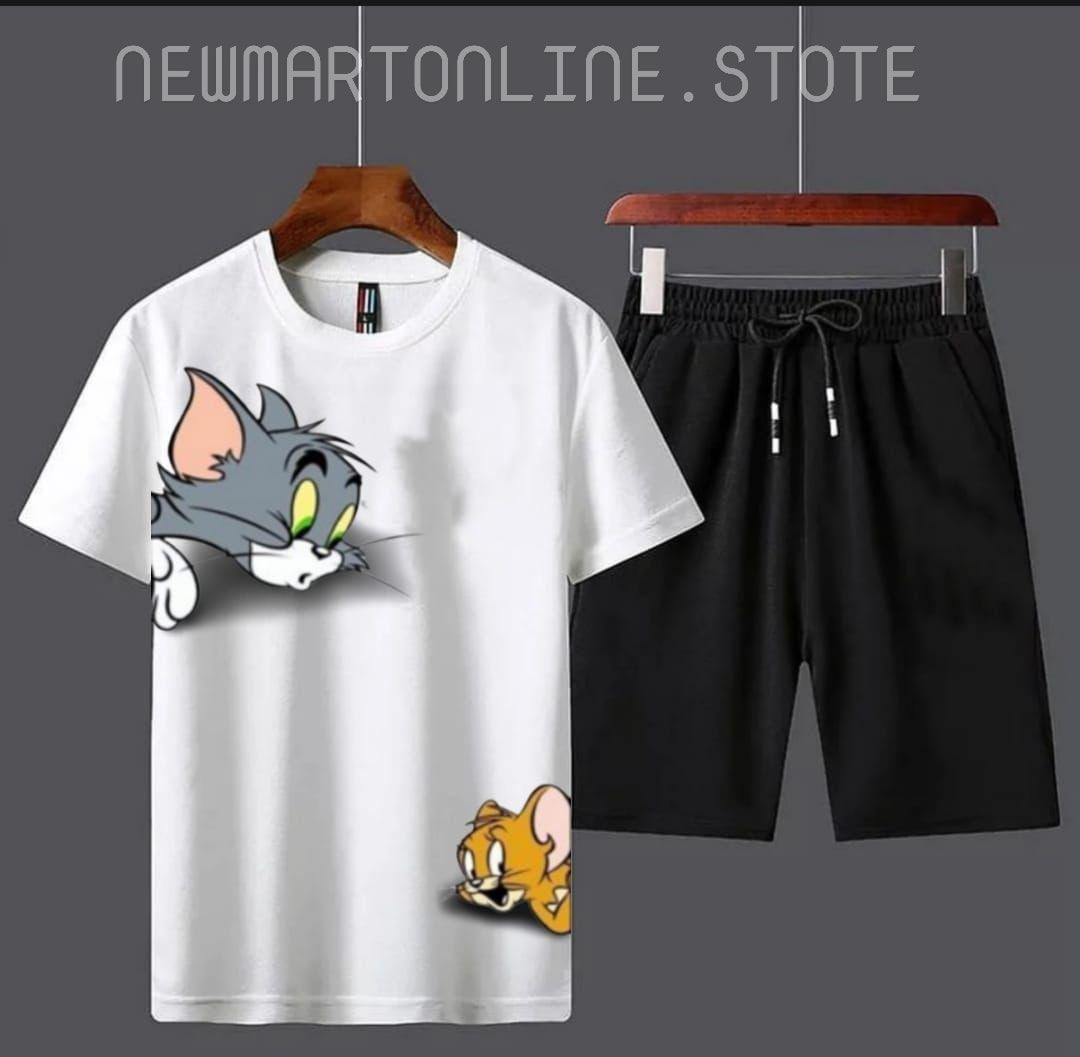 2 Pcs Men's Cotton Printed T-shirt & Shorts Tracksuit.